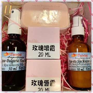 最愛玫瑰超值特惠組；特價$3980（玫瑰眼霜20ml+玫瑰唇霜20ml+玫瑰純露50ml+玫瑰香皂一個+玫瑰乳液50ml)產品圖